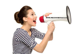 Call to Action Phrases - Girl with megaphone  - presto virtual assistance services 